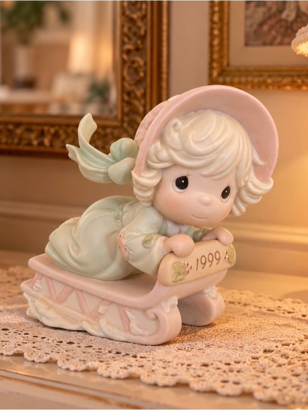 Precious Moments Pink and Mint 1999 Sledding Girl Figurine